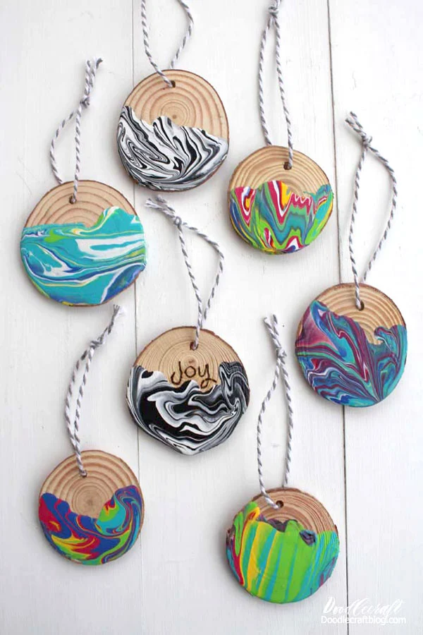 Marbled Wood Slice Ornaments with Plaid Crafts!